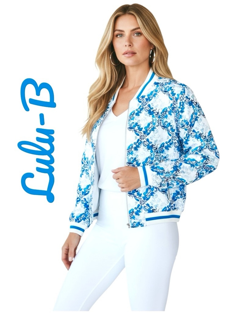 Lulu-B UPF 50 Blue White Geometric Parsley Print Smooth Full Zip Jacket Sz M